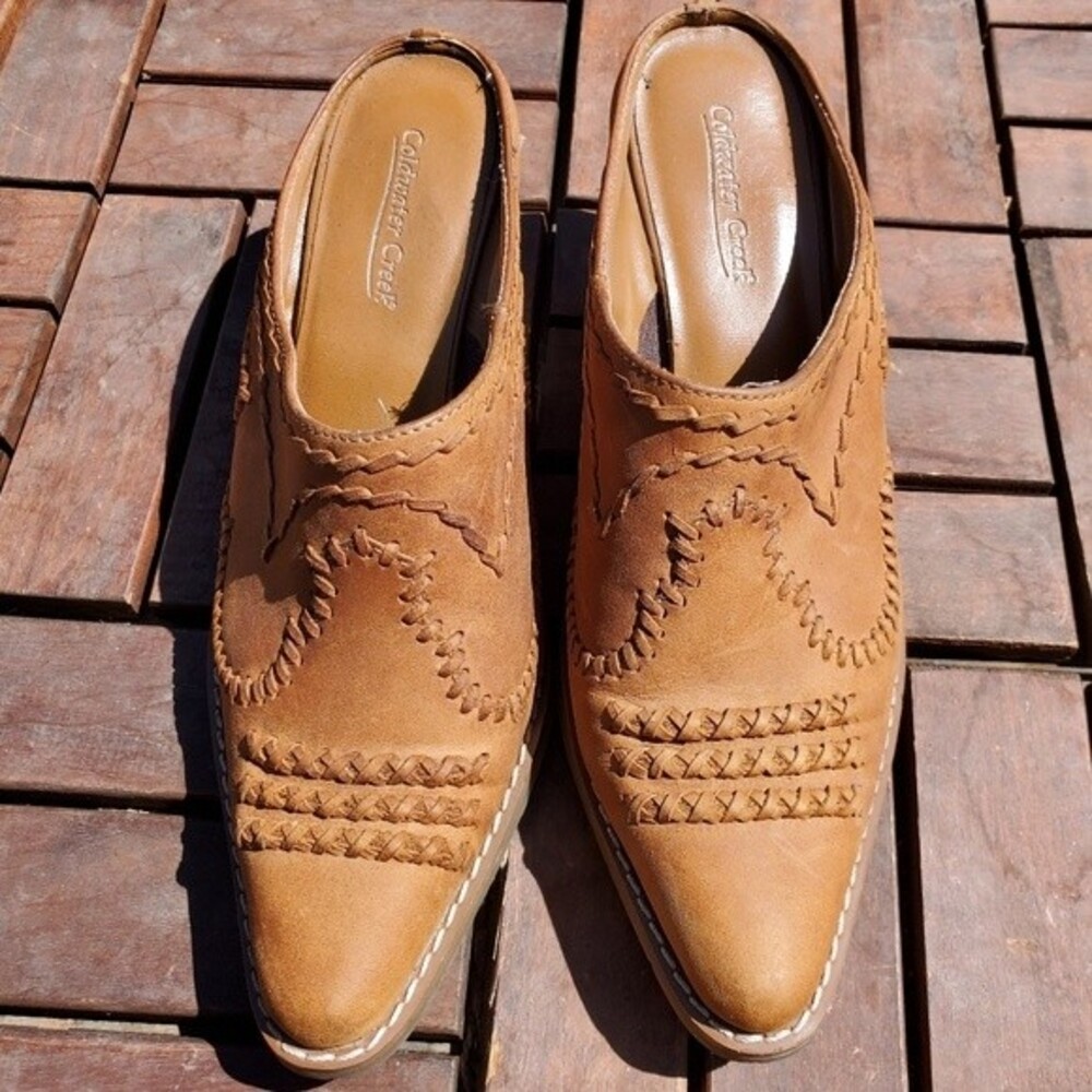 Coldwater Creek Bronco Tan Leather Western Mule Slides Size 6